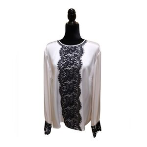 Saint John Reversable White Long Sleeve Blouse, Center Stripe of Black Lace, 16